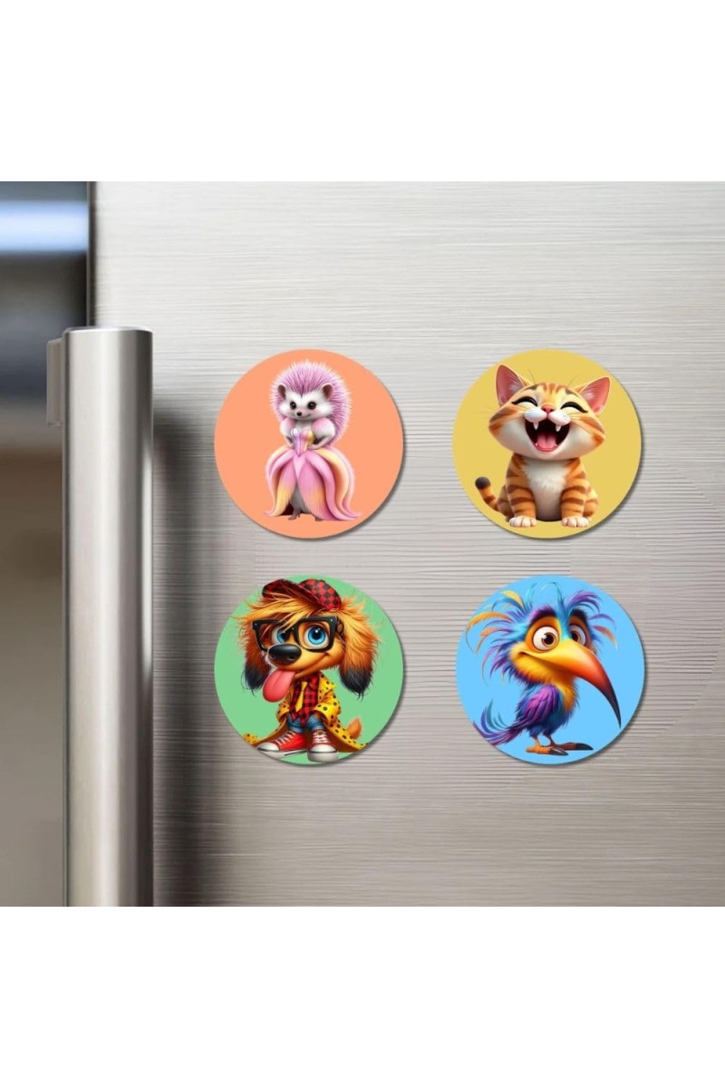 Hedgehog, Cat, Dog, and Toucan. Fridge Magnets 4 Piece Set | 3 Inch Round Wall Fridge Decor (F22997)