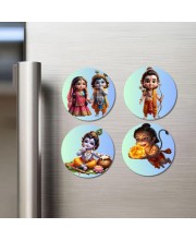 Radha and Krishna, Ram, Krishna, Hanuman Fridge Magnets 4 Piece Set | 3 Inch Round Wall Fridge Decor (F23191)