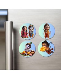 Radha and Krishna, Ram, Krishna, Hanuman Fridge Magnets 4 Piece Set | 3 Inch Round Wall Fridge Decor (F23191)