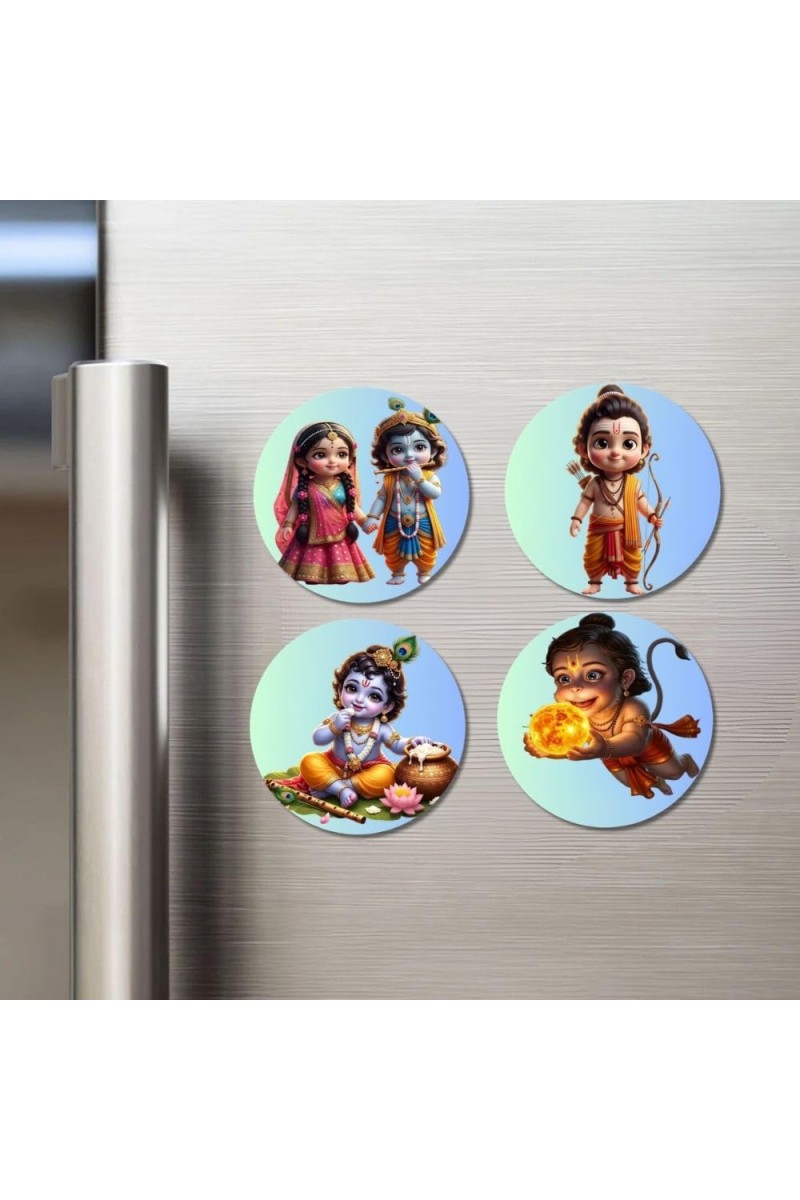 Radha and Krishna, Ram, Krishna, Hanuman Fridge Magnets 4 Piece Set | 3 Inch Round Wall Fridge Decor (F23191)
