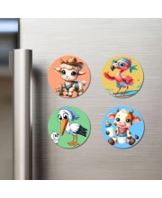 Sheep, Flamingo, Stork, and Cow. Fridge Magnets 4 Piece Set | 3 Inch Round Wall Fridge Decor (F22963)