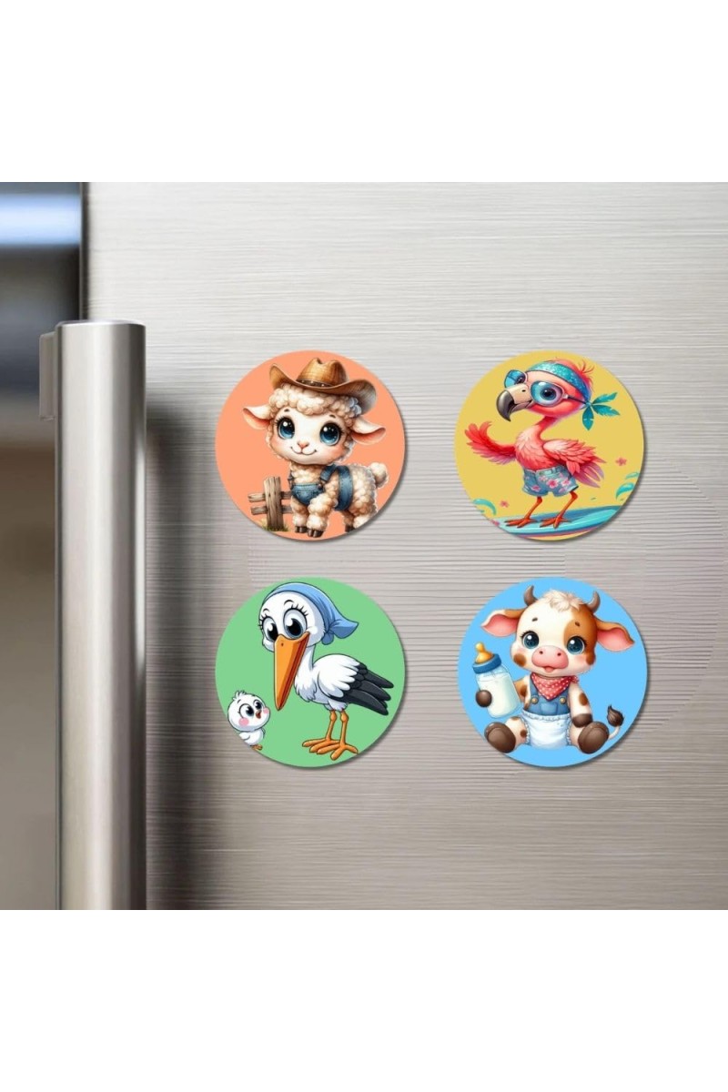 Sheep, Flamingo, Stork, and Cow. Fridge Magnets 4 Piece Set | 3 Inch Round Wall Fridge Decor (F22963)