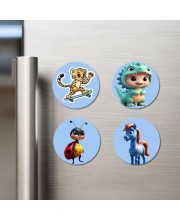 Leopard, Dinosaur, Ladybug, and Pony. Fridge Magnets 4 Piece Set | 3 Inch Round Wall Fridge Decor (F23055)