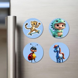 Leopard, Dinosaur, Ladybug, and Pony. Fridge Magnets 4 Piece Set | 3 Inch Round Wall Fridge Decor (F23055)