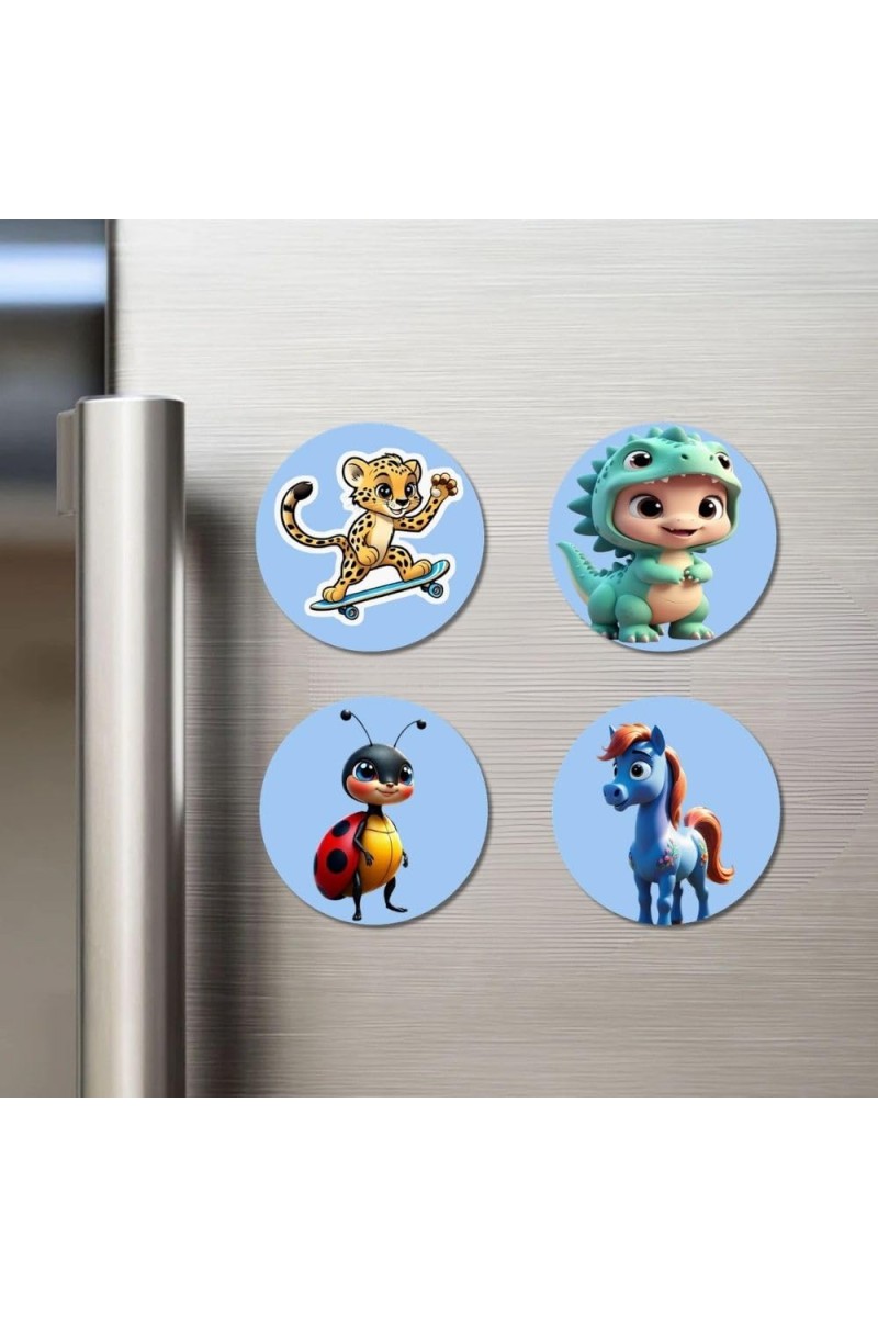 Leopard, Dinosaur, Ladybug, and Pony. Fridge Magnets 4 Piece Set | 3 Inch Round Wall Fridge Decor (F23055)