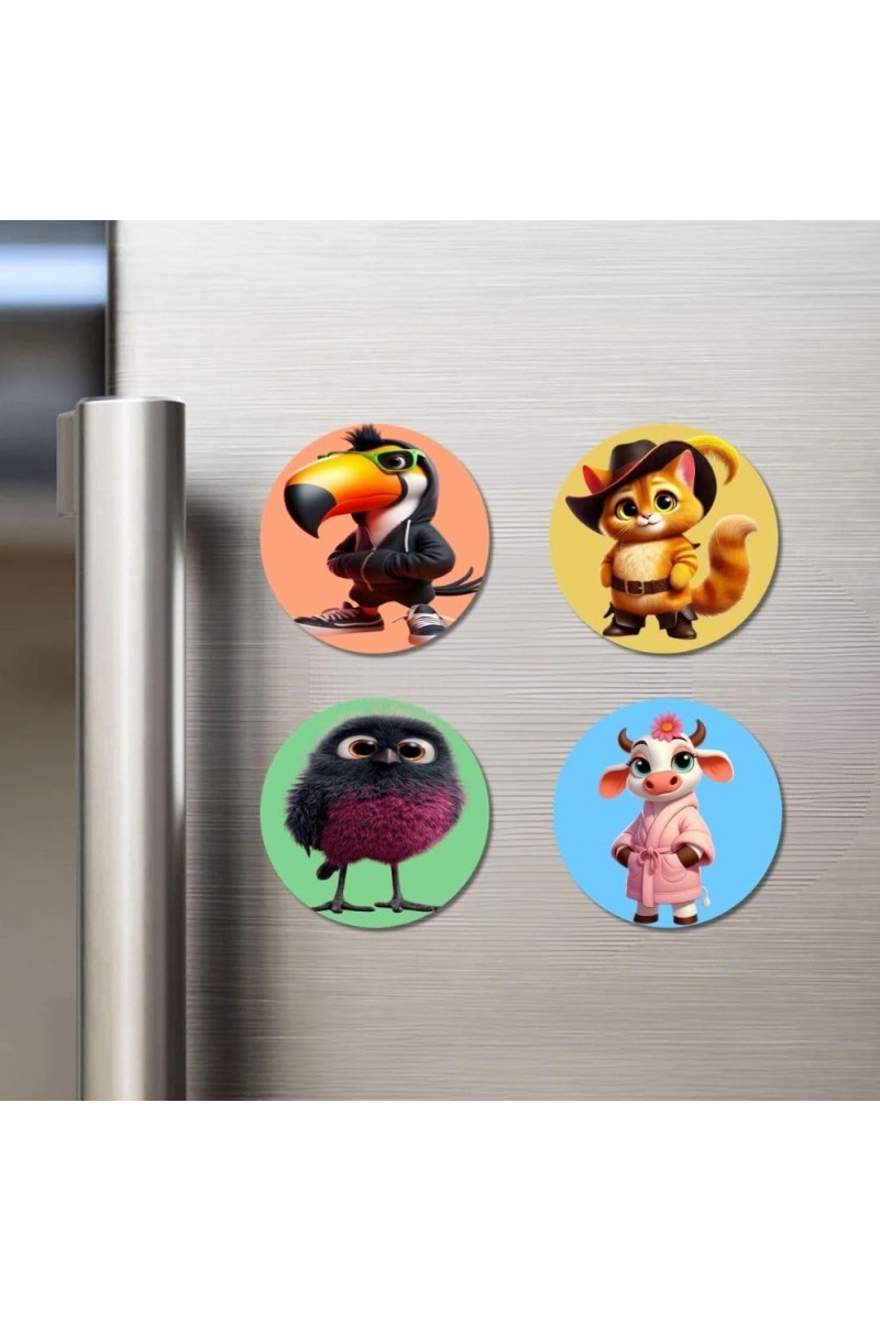 Toucan, Squirrel, Bird, and Cow. Fridge Magnets 4 Piece Set | 3 Inch Round Wall Fridge Decor (F23018)