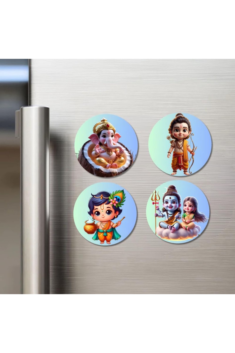 ShivaParvati,Ganesha,ram Fridge Magnets 4 Piece Set | 3 Inch Round Wall Fridge Decor (F22774)