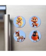 Chick, Dinosaur, Donkey, and Bird. Fridge Magnets 4 Piece Set | 3 Inch Round Wall Fridge Decor (F23076)