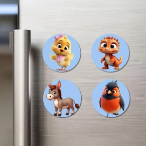 Chick, Dinosaur, Donkey, and Bird. Fridge Magnets 4 Piece Set | 3 Inch Round Wall Fridge Decor (F23076)