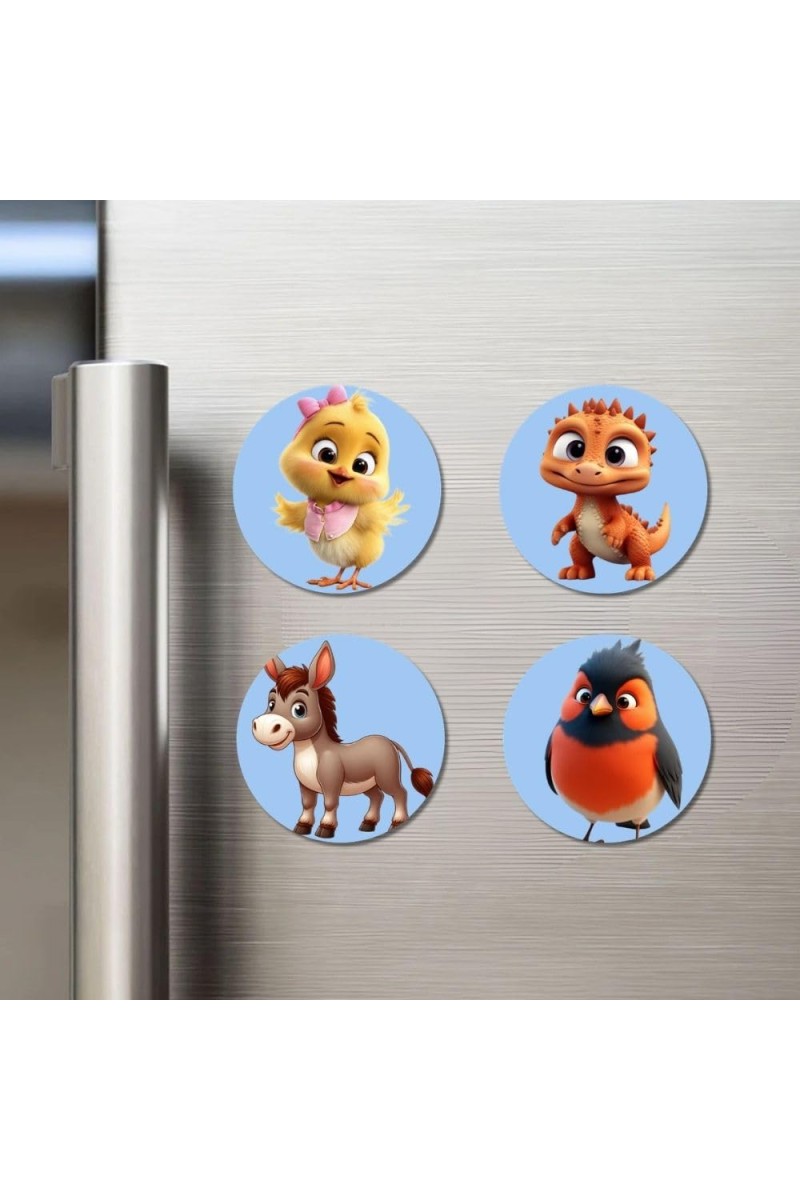 Chick, Dinosaur, Donkey, and Bird. Fridge Magnets 4 Piece Set | 3 Inch Round Wall Fridge Decor (F23076)