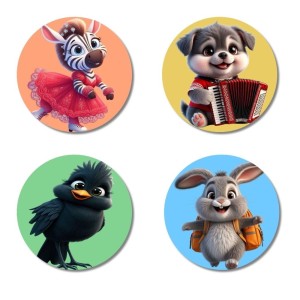 Zebra, Dog, Bird, and Rabbit. Fridge Magnets 4 Piece Set | 3 Inch Round Wall Fridge Decor (F23012) Zebra, Dog, Bird, and Rabbit. Fridge Magnets 4 Piece Set | 3 Inch Round Wall Fridge Decor (F23012)