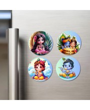 Radha Krishna Fridge Magnets 4 Piece Set | 3 Inch Round Wall Fridge Decor (F22776)