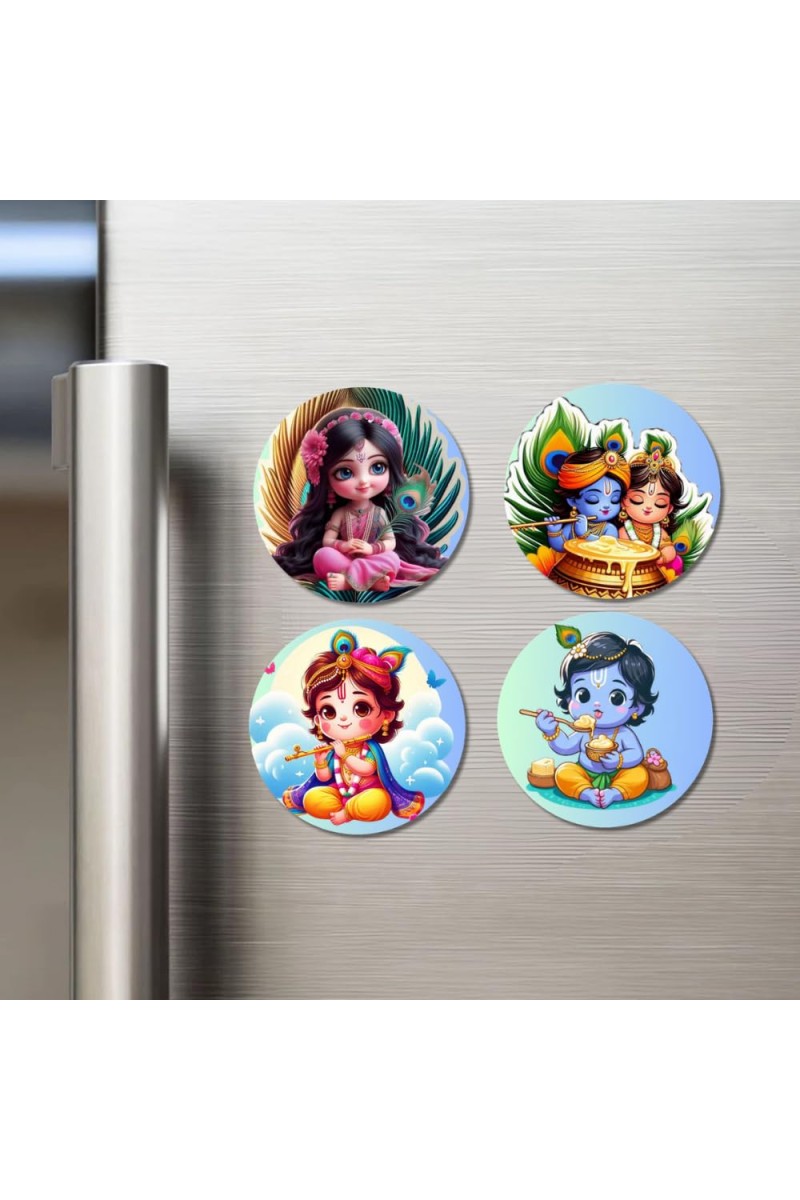 Radha Krishna Fridge Magnets 4 Piece Set | 3 Inch Round Wall Fridge Decor (F22776)