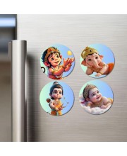 Hanuman, Ganesha, Rama, and Krishna. Fridge Magnets 4 Piece Set | 3 Inch Round Wall Fridge Decor (F23206)