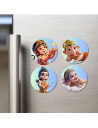 Hanuman, Ganesha, Rama, and Krishna. Fridge Magnets 4 Piece Set | 3 Inch Round Wall Fridge Decor (F23206)