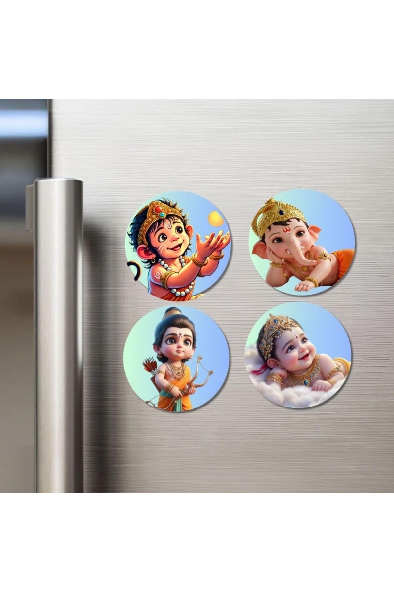 Hanuman, Ganesha, Rama, and Krishna. Fridge Magnets 4 Piece Set | 3 Inch Round Wall Fridge Decor (F23206)