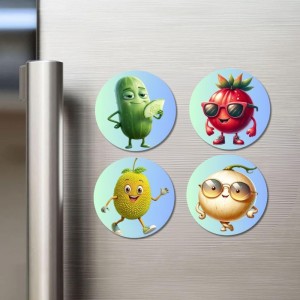 Cucumber, Tomato, Pear, Onion Fridge Magnets 4 Piece Set | 3 Inch Round Wall Fridge Decor (F23315)