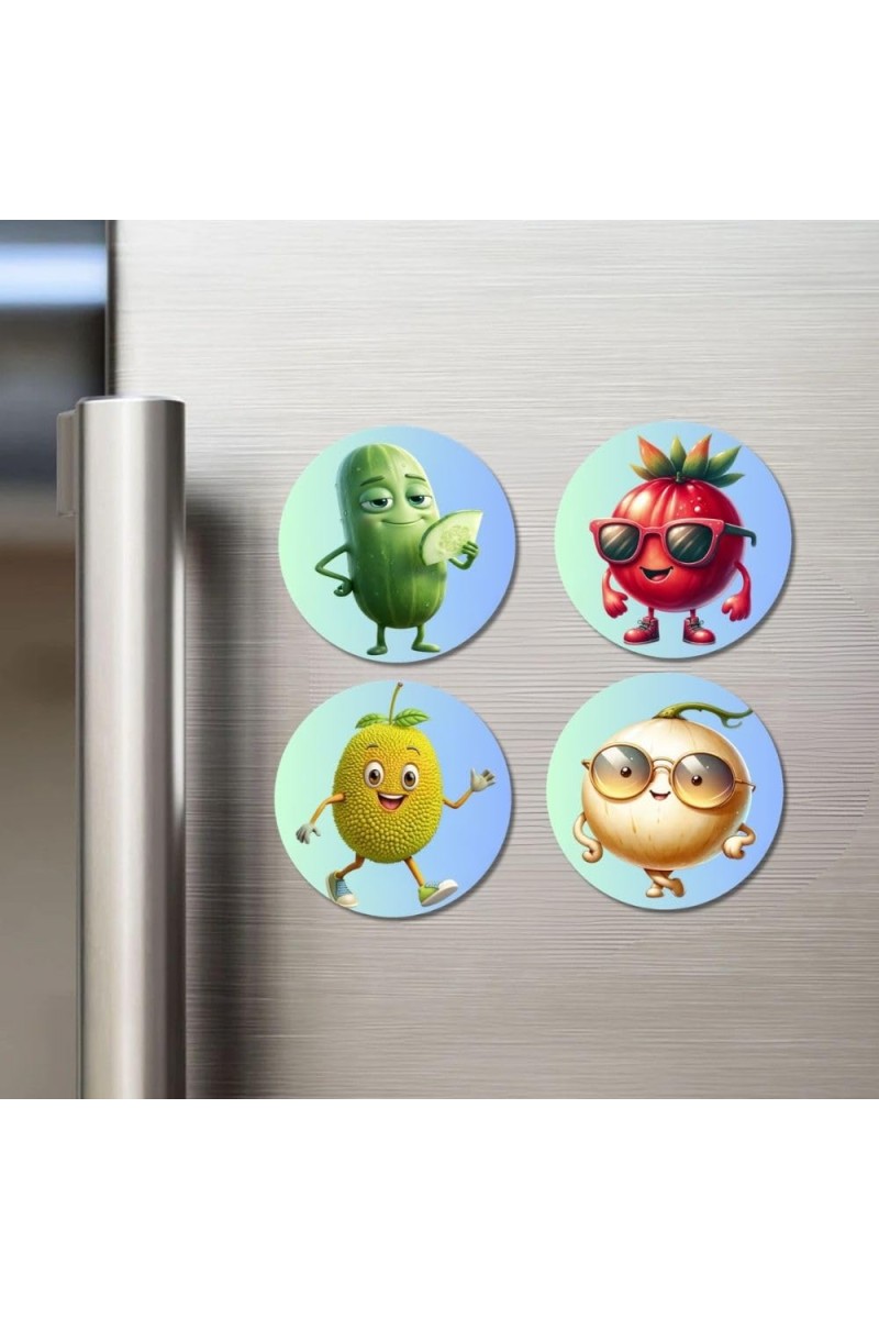 Cucumber, Tomato, Pear, Onion Fridge Magnets 4 Piece Set | 3 Inch Round Wall Fridge Decor (F23315)