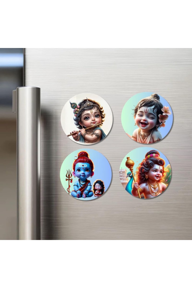 Ganesha, Rama, and Shiva. Fridge Magnets 4 Piece Set | 3 Inch Round Wall Fridge Decor (F22764)