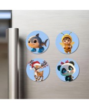 Shark, Bee, Deer, and Panda. Fridge Magnets 4 Piece Set | 3 Inch Round Wall Fridge Decor (F23099)
