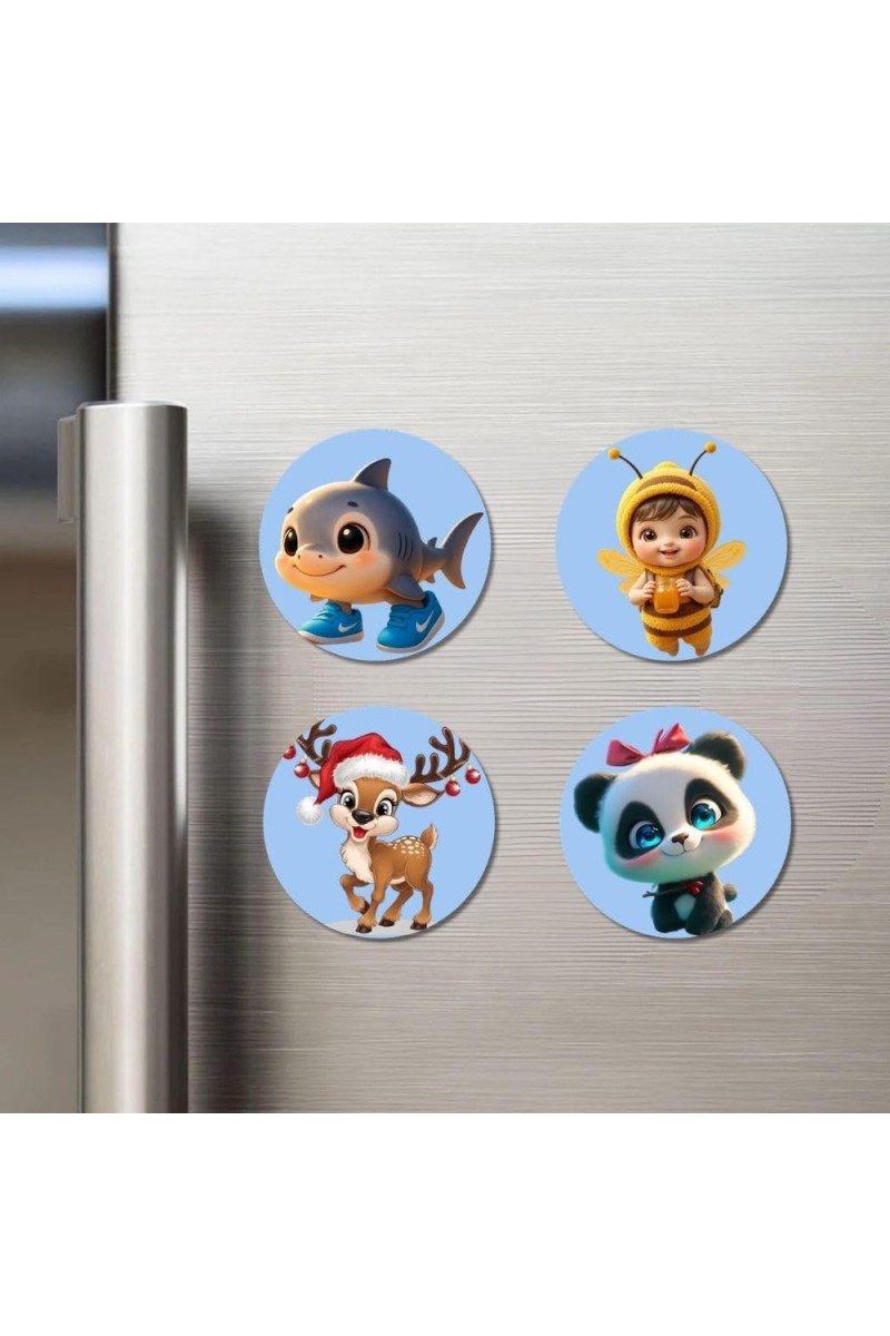 Shark, Bee, Deer, and Panda. Fridge Magnets 4 Piece Set | 3 Inch Round Wall Fridge Decor (F23099)