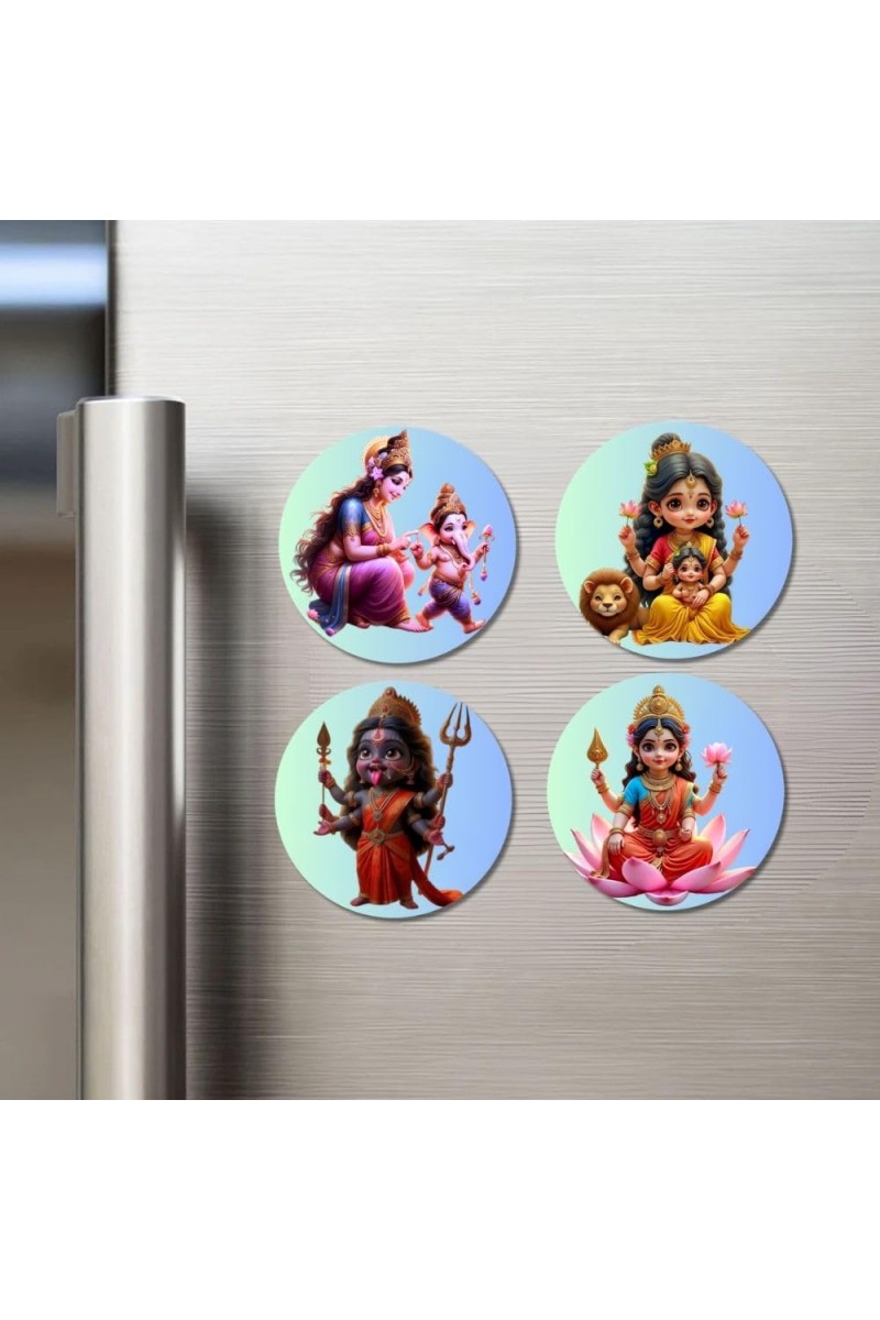Maa Kali, Maa Durga, Maa Parvati & Maa Lakshmi Fridge Magnets 4 Piece Set | 3 Inch Round Wall Fridge Decor (F23185)