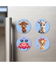 Bull, Goat, Frog, and Mouse. Fridge Magnets 4 Piece Set | 3 Inch Round Wall Fridge Decor (F23060)