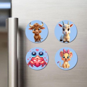 Bull, Goat, Frog, and Mouse. Fridge Magnets 4 Piece Set | 3 Inch Round Wall Fridge Decor (F23060)