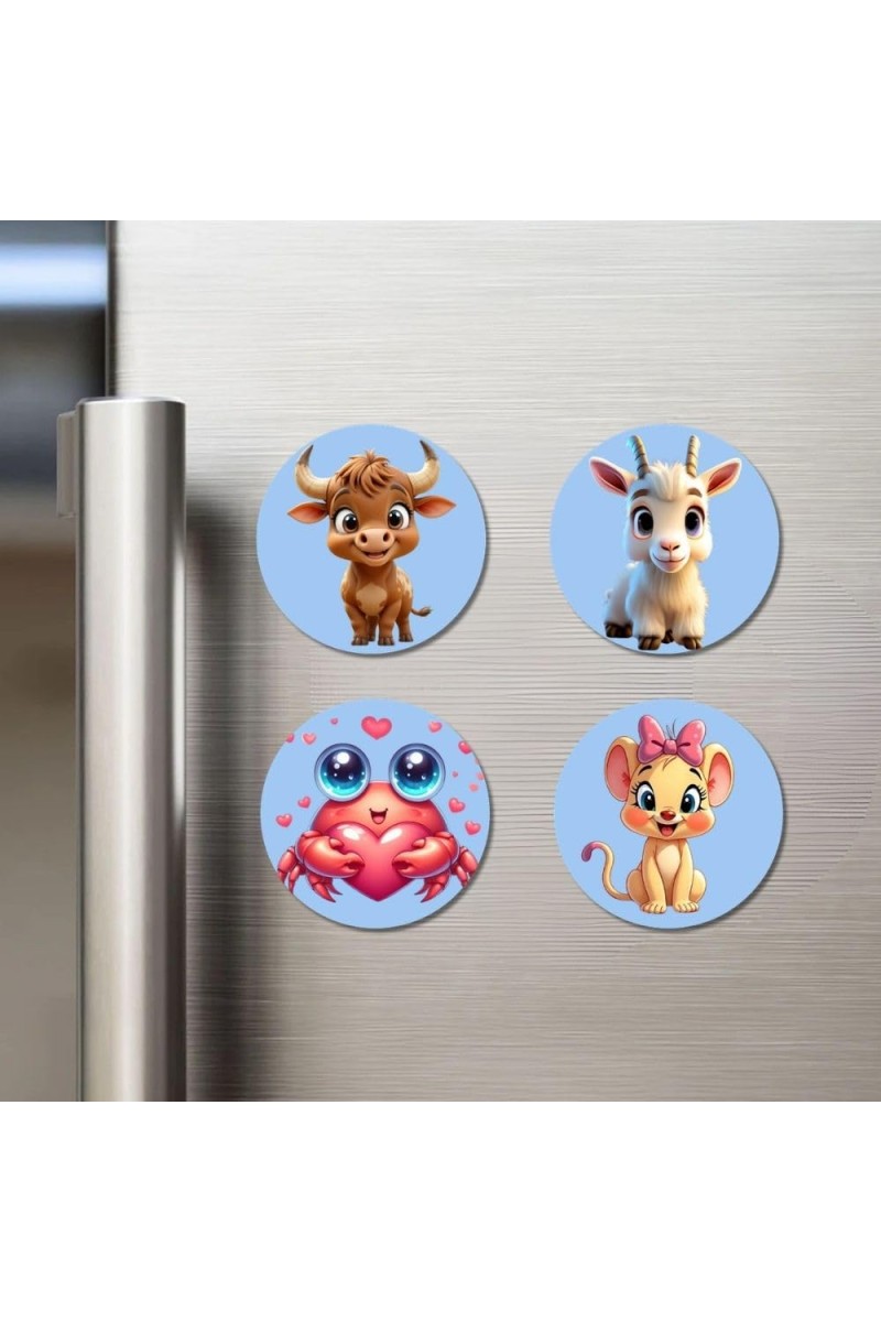 Bull, Goat, Frog, and Mouse. Fridge Magnets 4 Piece Set | 3 Inch Round Wall Fridge Decor (F23060)