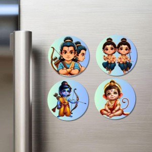 Ram, Luv Kush, Krishna, Hanuman Fridge Magnets 4 Piece Set | 3 Inch Round Wall Fridge Decor (F23222)