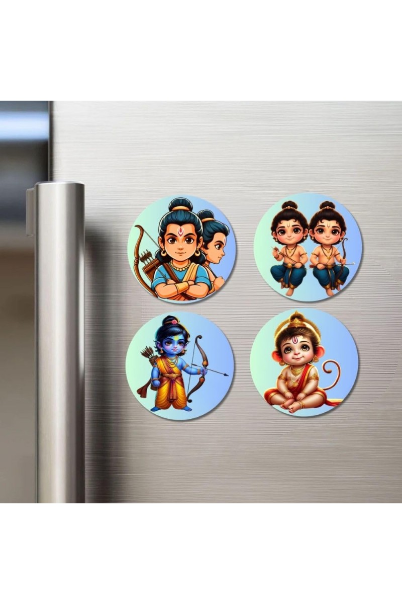 Ram, Luv Kush, Krishna, Hanuman Fridge Magnets 4 Piece Set | 3 Inch Round Wall Fridge Decor (F23222)