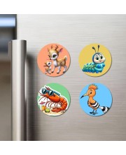 Deer, Caterpillar, Shrimp, and Hoopoe. Fridge Magnets 4 Piece Set | 3 Inch Round Wall Fridge Decor (F22959)