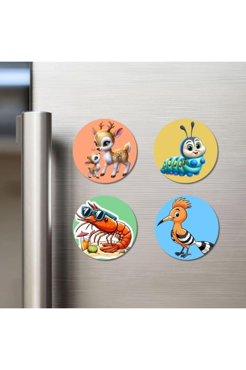 Deer, Caterpillar, Shrimp, and Hoopoe. Fridge Magnets 4 Piece Set | 3 Inch Round Wall Fridge Decor (F22959)