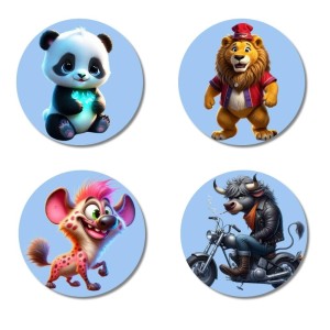 Panda, Lion, Hyena, and Bull. Fridge Magnets 4 Piece Set | 3 Inch Round Wall Fridge Decor (F23132)