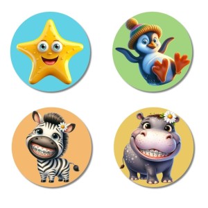 Starfish, Penguin, Zebra, and Hippo. Fridge Magnets 4 Piece Set | 3 Inch Round Wall Fridge Decor (F22938)