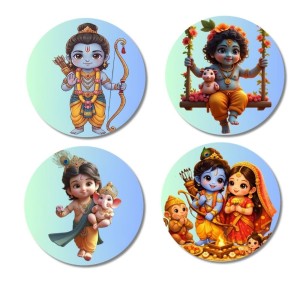 Rama, Krishna, Sita, and Hanuman. Fridge Magnets 4 Piece Set | 3 Inch Round Wall Fridge Decor (F22840)
