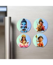 Shiva, Durga, Saraswati, Kartikeya Fridge Magnets 4 Piece Set | 3 Inch Round Wall Fridge Decor (F23170)