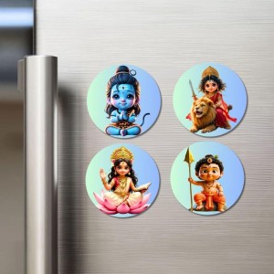 Shiva, Durga, Saraswati, Kartikeya Fridge Magnets 4 Piece Set | 3 Inch Round Wall Fridge Decor (F23170)