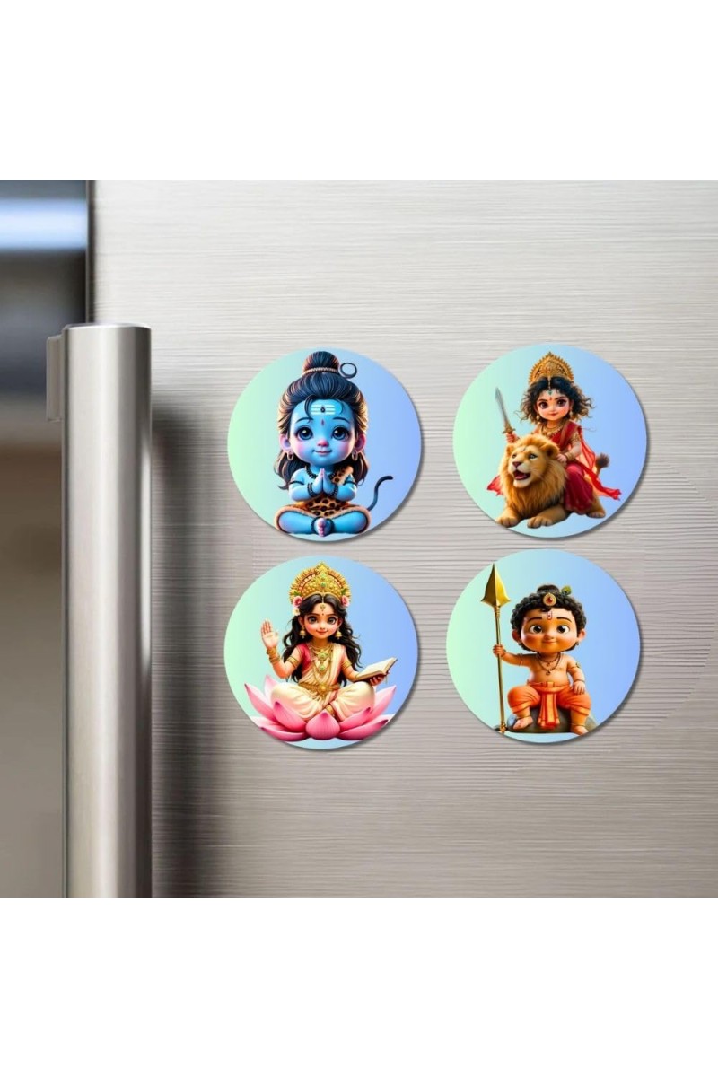 Shiva, Durga, Saraswati, Kartikeya Fridge Magnets 4 Piece Set | 3 Inch Round Wall Fridge Decor (F23170)