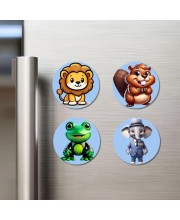 Lion, Beaver, Frog, and Elephant. Fridge Magnets 4 Piece Set | 3 Inch Round Wall Fridge Decor (F23093)