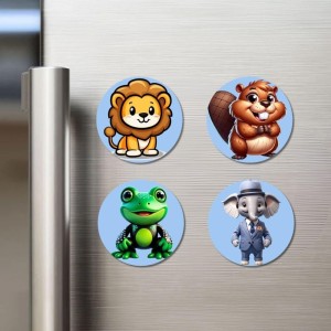 Lion, Beaver, Frog, and Elephant. Fridge Magnets 4 Piece Set | 3 Inch Round Wall Fridge Decor (F23093)