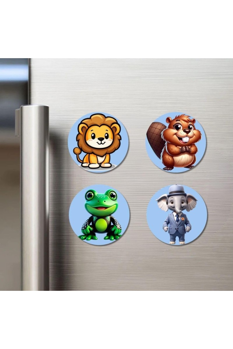 Lion, Beaver, Frog, and Elephant. Fridge Magnets 4 Piece Set | 3 Inch Round Wall Fridge Decor (F23093)