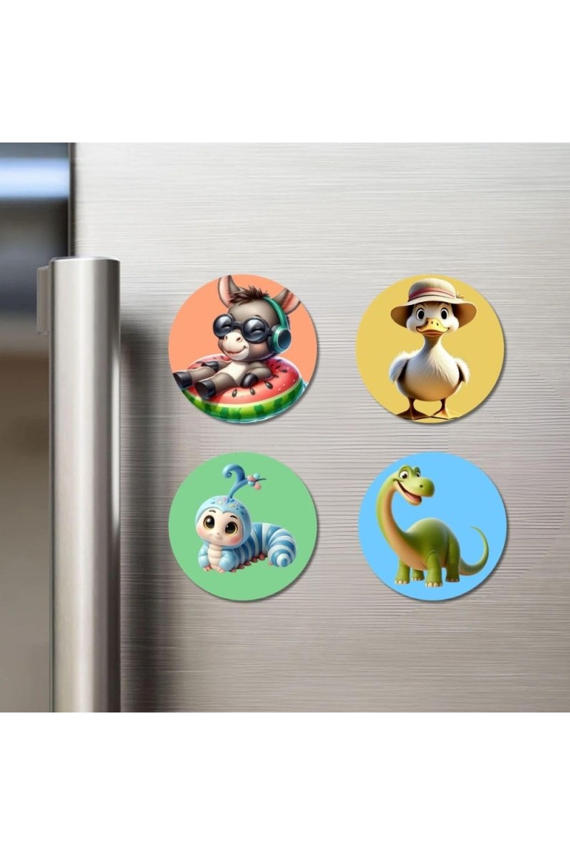 Donkey, Duck, Caterpillar, and Dinosaur. Fridge Magnets 4 Piece Set | 3 Inch Round Wall Fridge Decor (F22973)