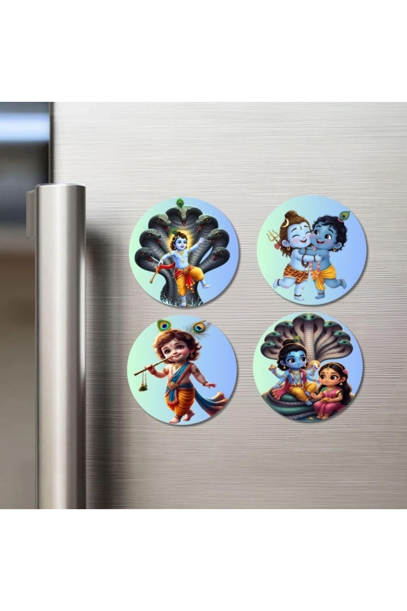 Krishna Fridge Magnets 4 Piece Set | 3 Inch Round Wall Fridge Decor (F23214)