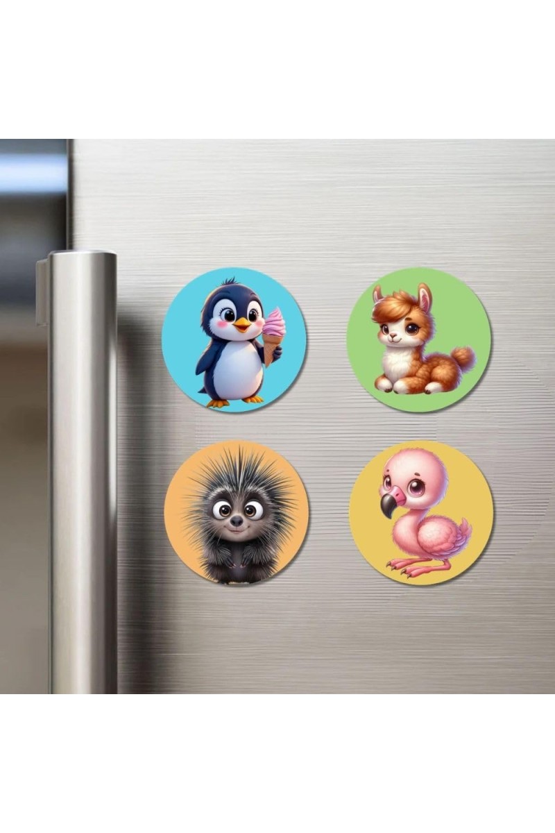 Penguin, Llama, Porcupine, and Flamingo. Fridge Magnets 4 Piece Set | 3 Inch Round Wall Fridge Decor (F22869)