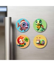 Fish, Turtle, Parrot, and Snail. Fridge Magnets 4 Piece Set | 3 Inch Round Wall Fridge Decor (F22914)