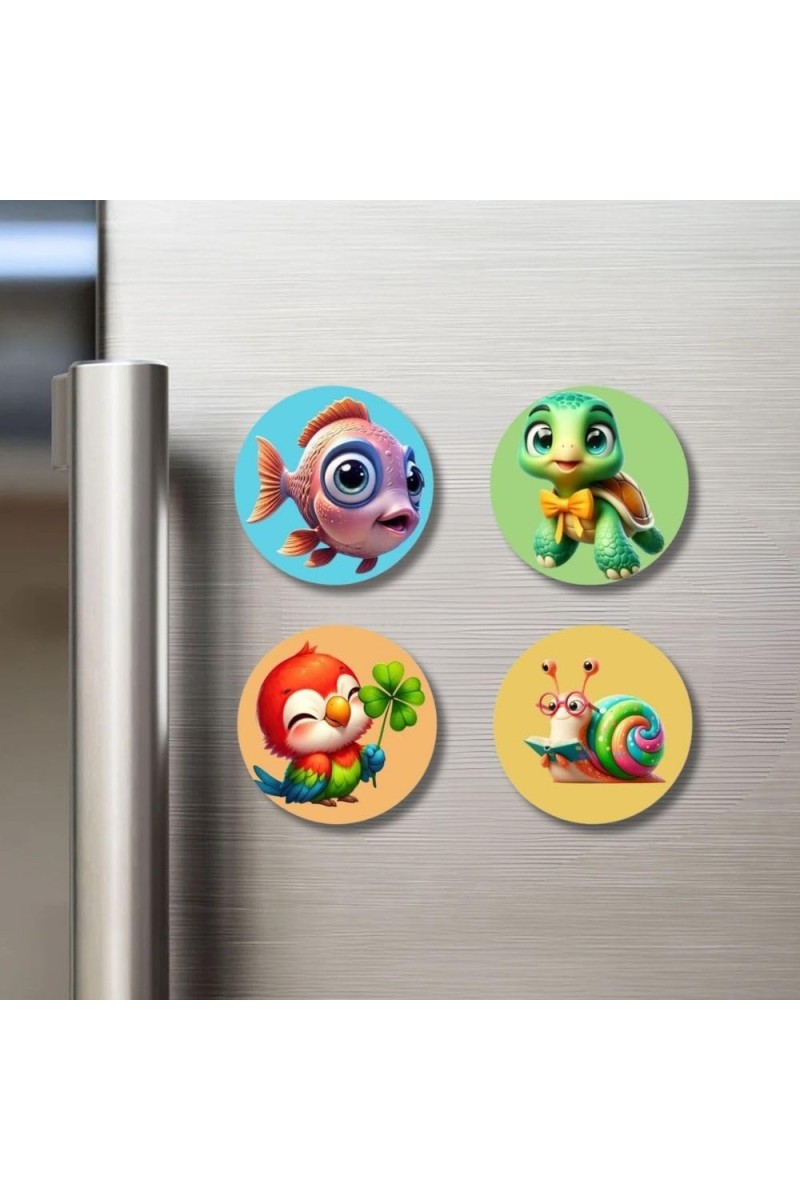 Fish, Turtle, Parrot, and Snail. Fridge Magnets 4 Piece Set | 3 Inch Round Wall Fridge Decor (F22914)