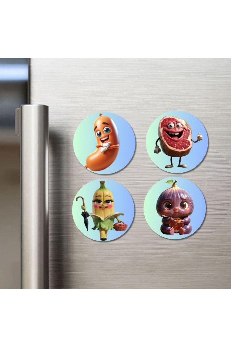 Sausage, Steak, Banana, Fig Fridge Magnets 4 Piece Set | 3 Inch Round Wall Fridge Decor (F23304)