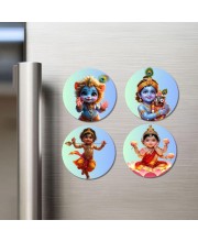 Krishna, Baby Lakshmi Fridge Magnets 4 Piece Set | 3 Inch Round Wall Fridge Decor (F23259)