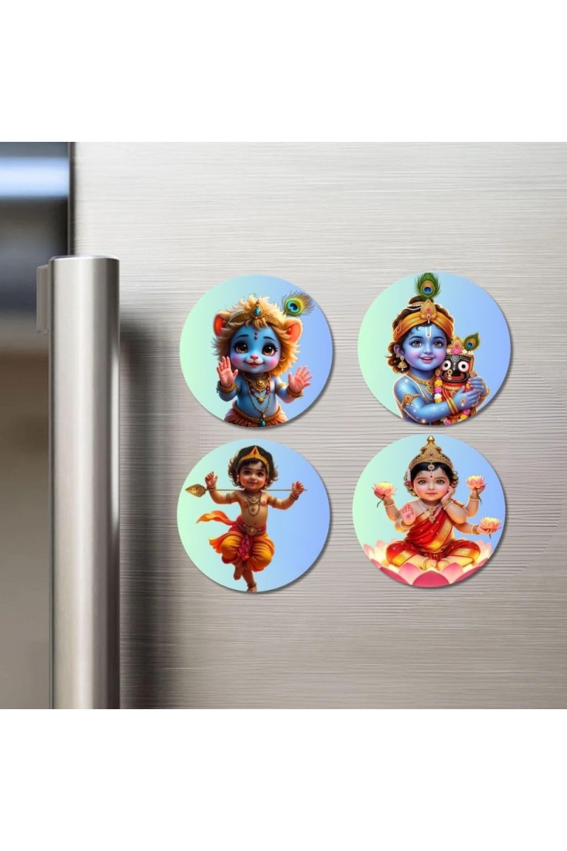 Krishna, Baby Lakshmi Fridge Magnets 4 Piece Set | 3 Inch Round Wall Fridge Decor (F23259)